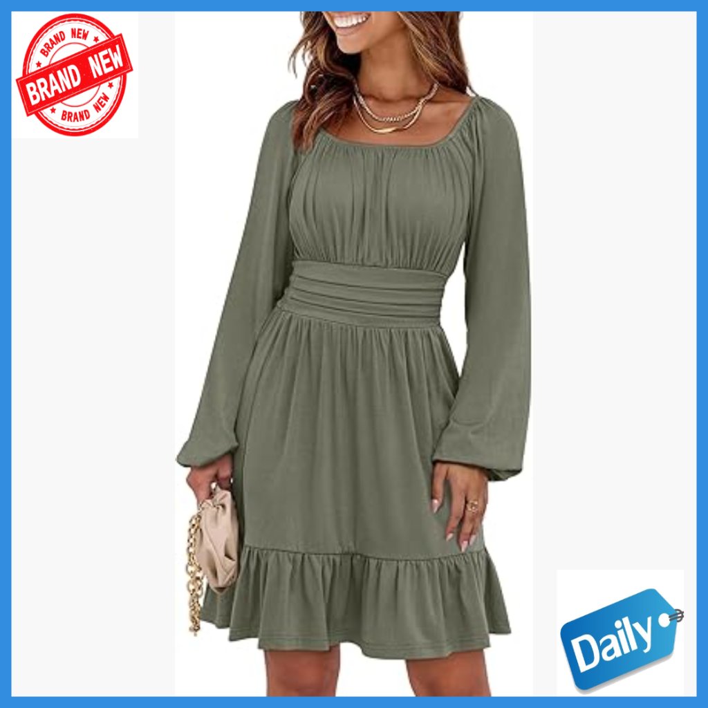 Long Sleeve A-Line Midi Dress With Square Neck And Ruffle Hem